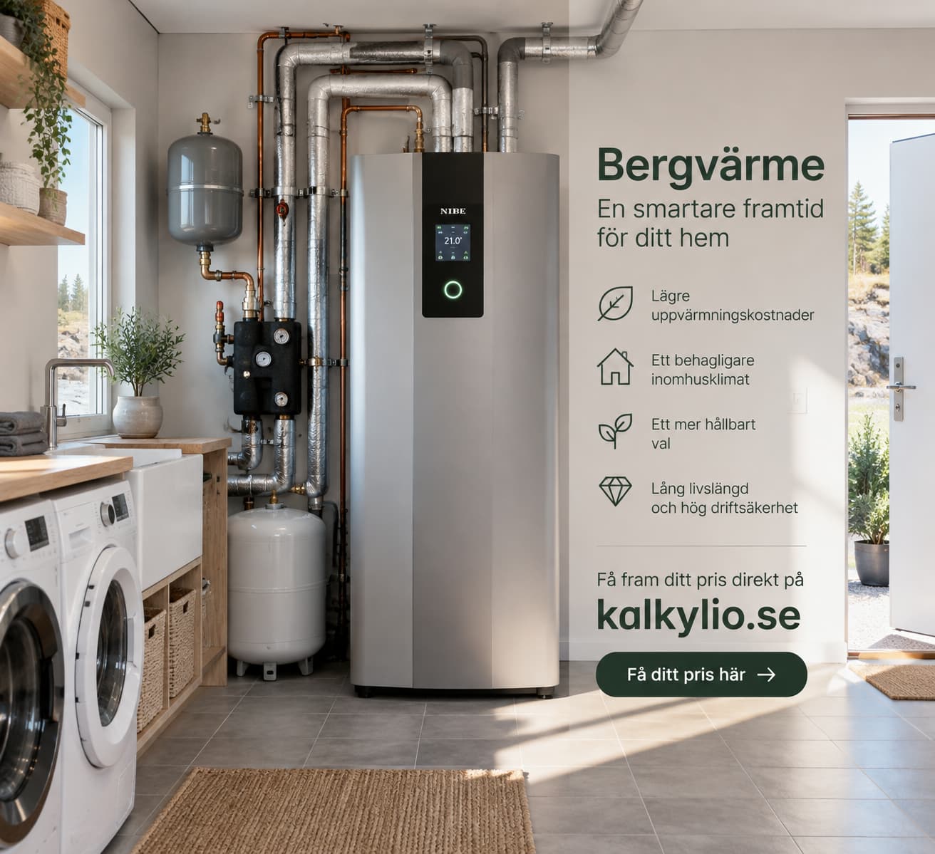 Modern bergvärmepump installerad i villa