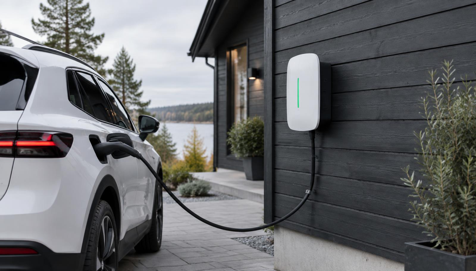 Modern laddbox installerad på fasaden till en svensk villa med elbil ansluten
