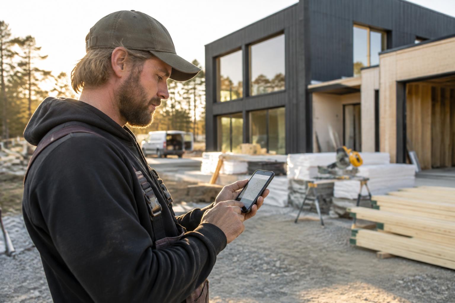 Hantverkare utanför ett modernt villabygge som söker lokalt på sin mobil