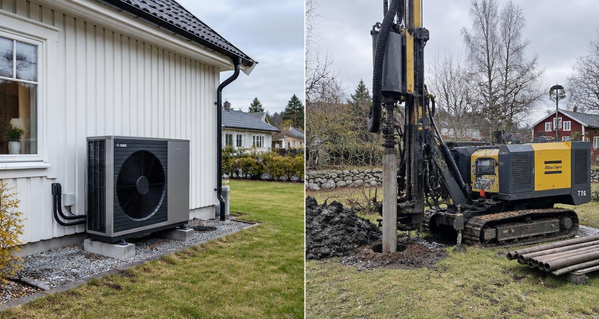 Luft/vatten-värmepump vid en villafasad jämfört med en borrigg som borrar för bergvärme